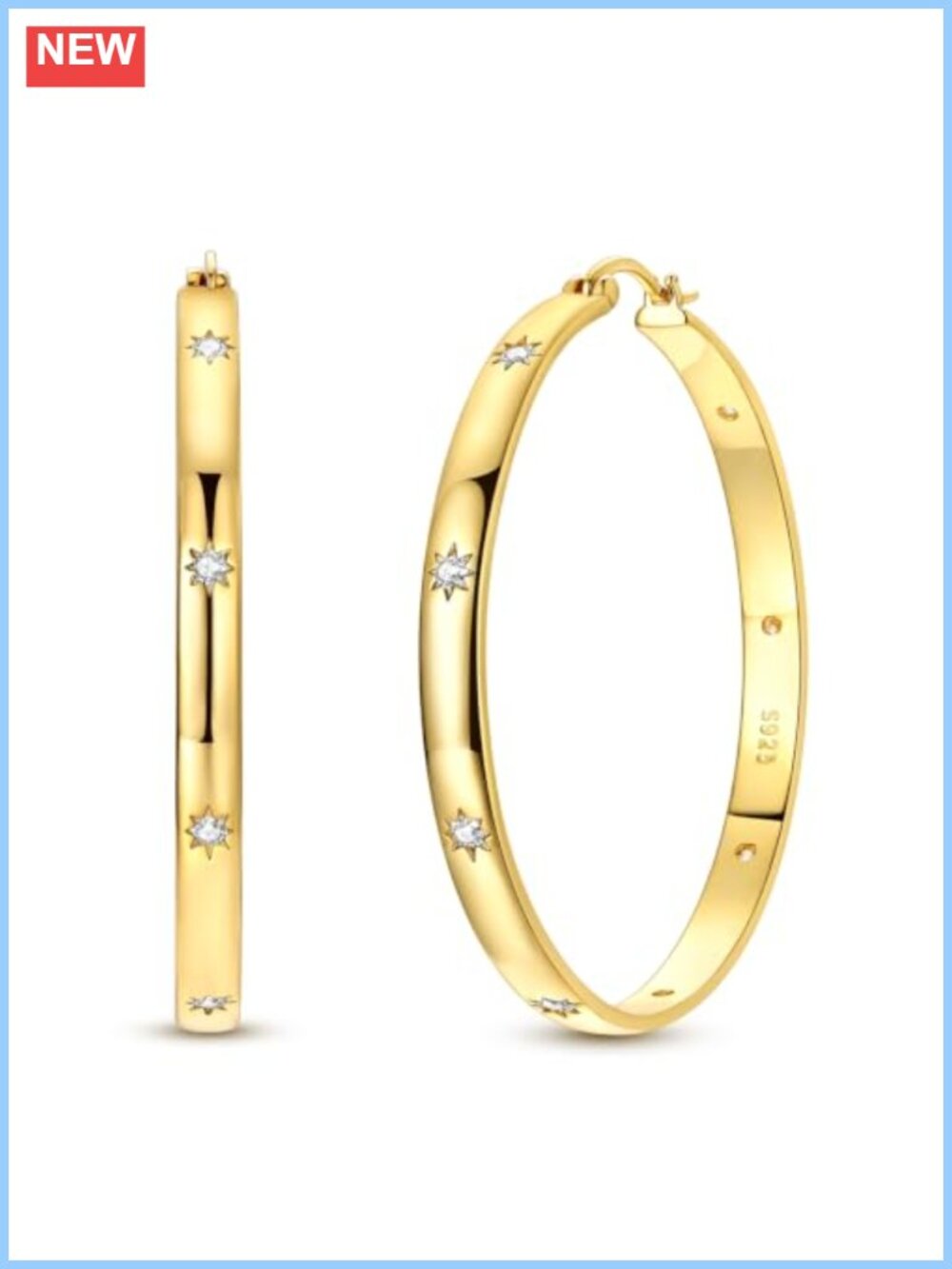 14K Gold Plated Starry Large Hoop Earrings 925 Sterling Silver Hypoallergenic